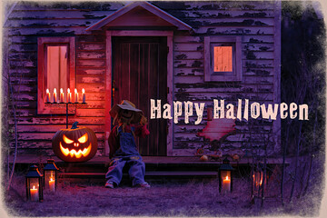 Obraz premium Vintage rustic Halloween scene with a spooky scarecrow and glowing jack-o'-lantern