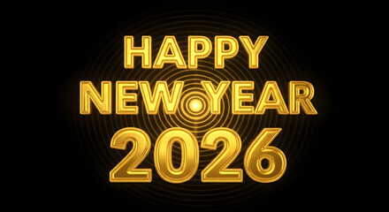 Happy New Year 2026 Golden Text with Circular Light Background.