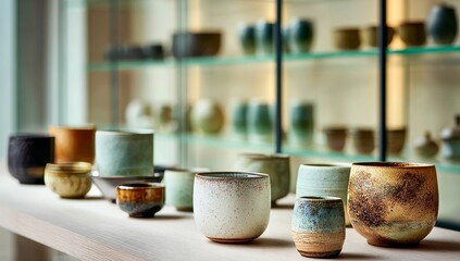 棚に並べられた日本の伝統的な陶器と和食器