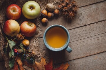 Apples acorns leaves  a blue mug of amber liquid sit on a weathered wood surface set against a textured burlap cloth