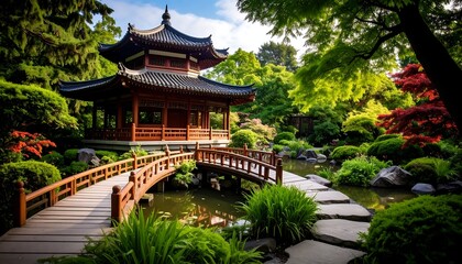Obraz premium Serene garden with a traditional pavilion, bridge, and stone path