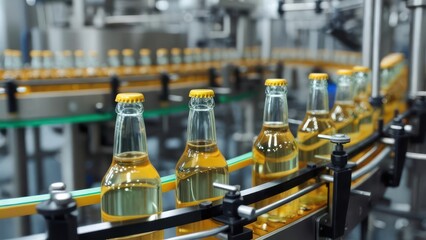 Automated Bottling Line: Golden Liquid Bottles Moving on Industrial Conveyor Belt in Modern Factory