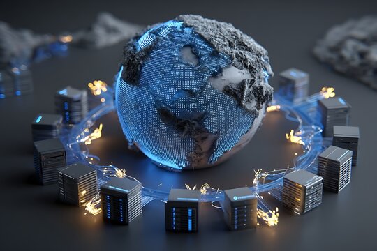 Global holographic data hub visualizing seamless digital infrastructure, high-performance computing, interconnected servers, and worldwide data centers, - Powered by Adobe
