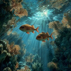 Naklejka premium Underwater Scene with Colorful Fish and Lush Coral Formation