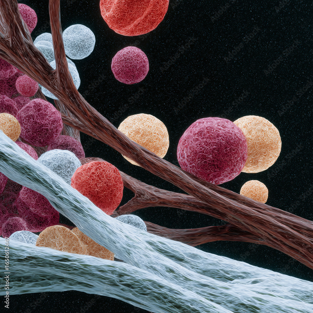 Poster abstract detailed closeup with textured spheres and strands against a dark backdrop. great for scien