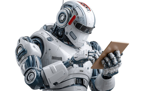 Digital Companion: A futuristic robot meticulously interacts with a tablet, embodying the fusion of advanced technology and user-friendly interaction, an ode to innovation.
