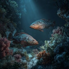 Obraz premium Underwater Scene with Two Fish Swimming Among Coral Reefs