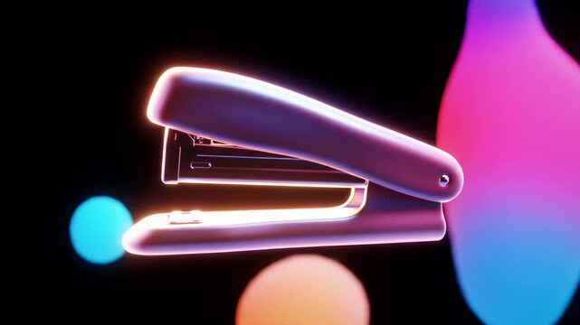 Modern 3d animation of a glowing stapler with a colorful abstract liquid background
