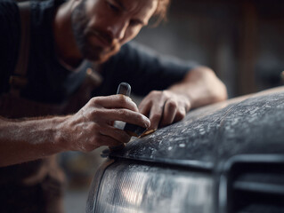 Focused craftsman carefully sanding the hood of a vintage automobile. Depicts restoration, repair, attention to detail, and the pursuit of perfection.