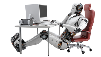 The Contemplative AI: A modern robot sits casually at a desk, immersed in deep thought, as it navigates the complex world of technological innovation.