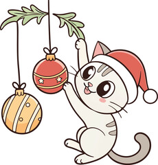 A funny, cartoon Christmas cat with a red apple and a fresh green cherry smiles happily, a cute fruit illustration for a holiday vector character