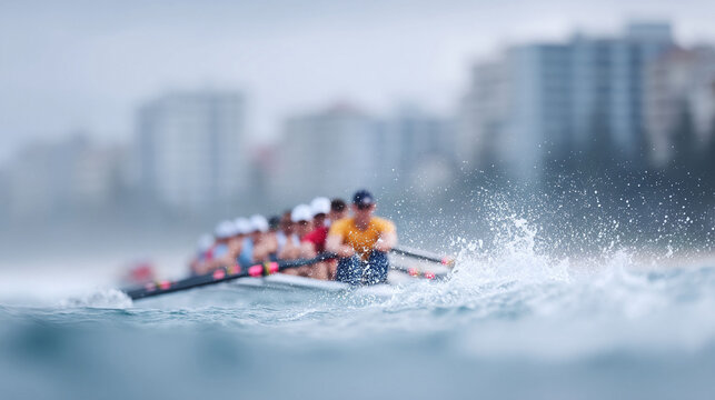 Teamwork in motion A crew rowing on the water, captured with a tiltshift effect, emphasizing focus and collective effort. Great for illustrating collaboration, sports, and determination.