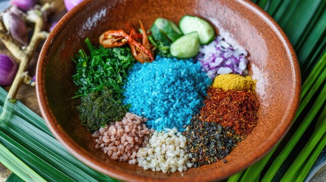 Colorful nasi kerabu in a terracotta bowl, blue rice contrasting with fresh herbs and aromatic spices.