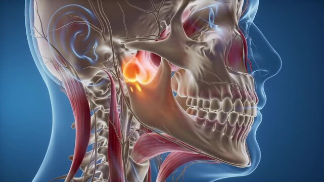 3D anatomical side view jaw joint inflammation glowing animation, slow jaw movement, nerve response