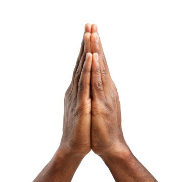 Close-up of two dark-skinned hands pressed together in prayer or supplication. background removed