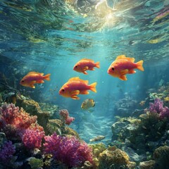 Fototapeta premium Colorful Underwater Scene with Goldfish and Vibrant Coral Reef