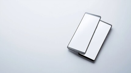 Foldable smartphone mockup partially opened both side blank white screens white background photorealistic