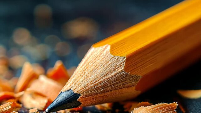 Close-up of sharpened yellow wooden pencil with shavings and lead tips