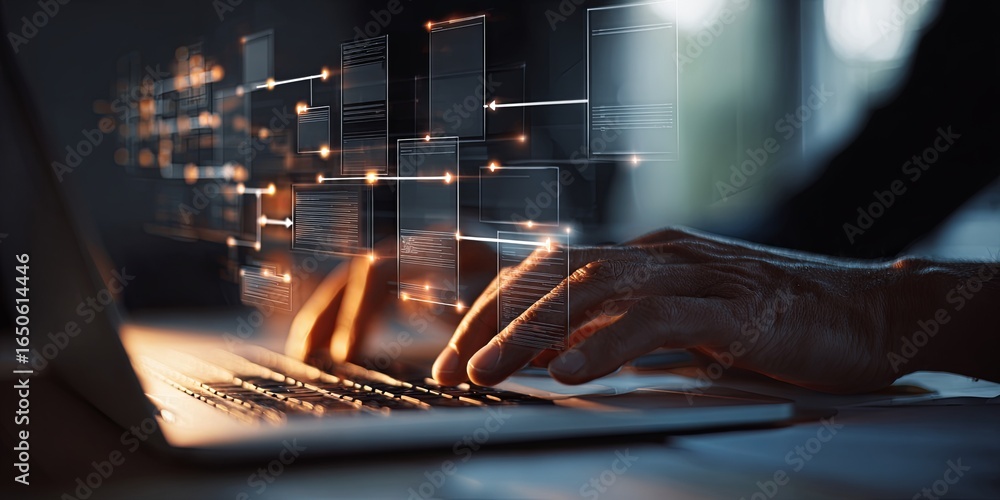 Poster hands typing on laptop with digital flowchart graphics overlay in a modern workspace environment