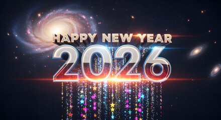 Happy New Year 2026 Cosmic Celebration with Galaxy, Fireworks, and Glowing Text.