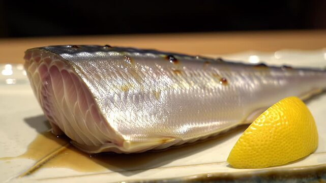 Detailed Close Up of Saba Mackerel Fish in Japanese Style with Lemon on Square Plate Showcasing Freshness and Culinary Artistry Perfect for Decoration and Food Presentations With Savory Sauce