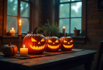 Fototapeta premium Cozy Autumn Evening Glow Jack-o'-Lanterns and Candles Illuminate a Festive Halloween Night