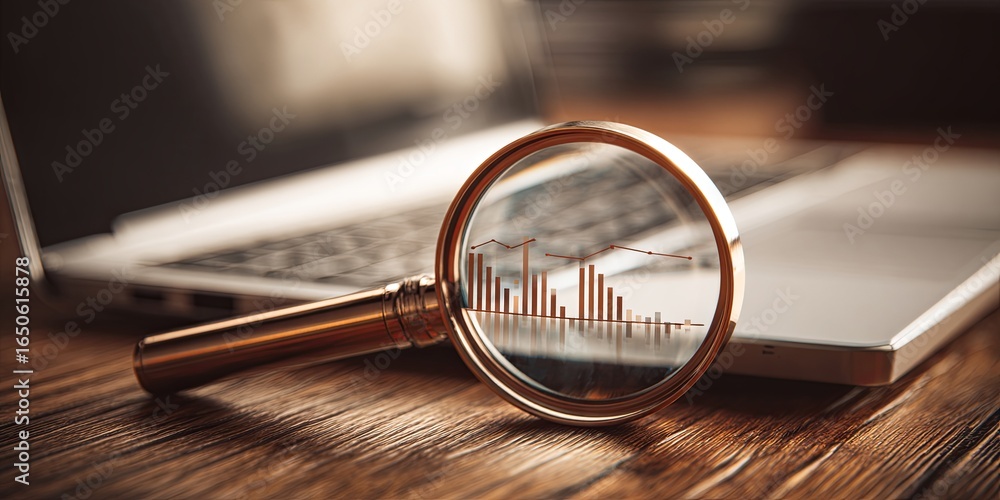 Poster analyzing future trends with a magnifying glass and a laptop for 2026 and beyond in a modern workspa