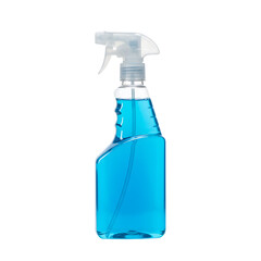 A blue cleaning spray in a clear bottle, ready for household cleaning and sanitation isolated on white or transparent background. PNG format.
