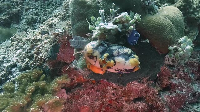 Close-up of a sea squirt - Ascidiacea - contracting to close its incurrent and excurrent siphons. This tunicate filter-feeds by pumping water through its body, capturing microscopic food. 