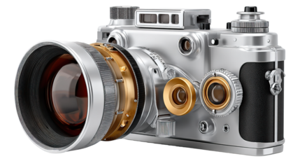 Vintage Photographic Marvel: This image is of a vintage camera, an iconic symbol of photography with exquisite detail. the vintage aesthetic of classic photography, camera body gleaming.