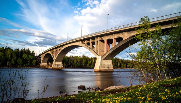 A majestic concrete arch bridge spans a calm river.