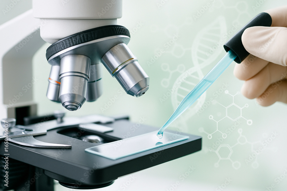 Aufkleber ai generated close up of laboratory microscope and pipette dropping liquid on glass slide with dna a