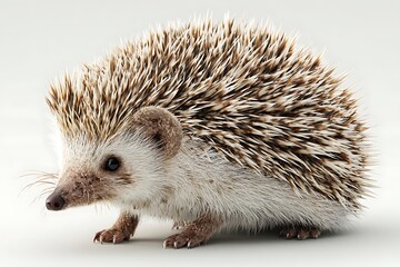 Obraz premium Closeup of a cute european hedgehog isolated on white background, showcasing its spiny exterior and adorable face in a studio setting