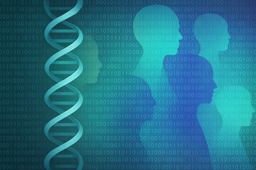 AI generated conceptual image of DNA double helix with human head silhouettes over binary code background representing genetics identity and integration of biology with digital technology