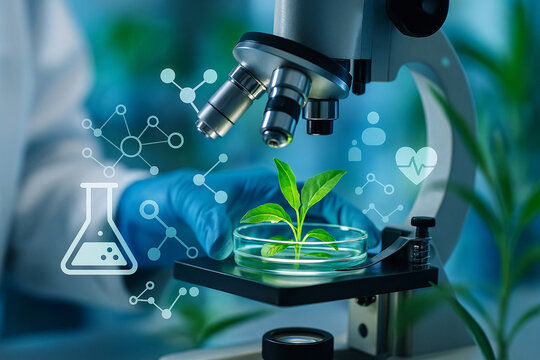 AI generated scientist examines green plant tissue in petri dish using microscope with digital icons overlay symbolizing biotechnology research and innovation in agriculture and environment