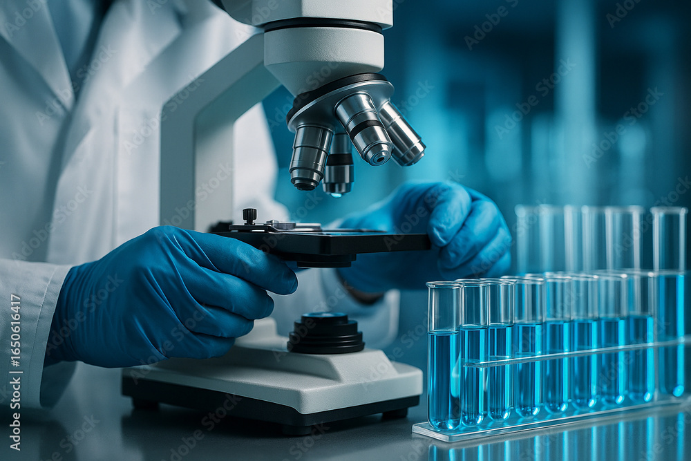 Aufkleber ai generated scientist in gloves using microscope to examine sample with test tubes in background cl