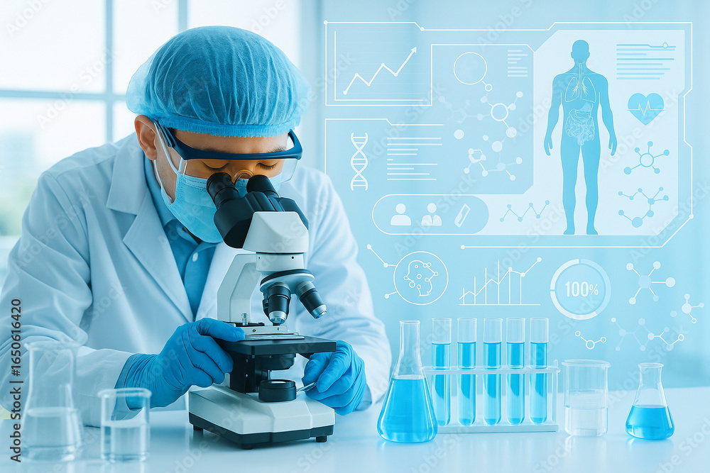 Aufkleber ai generated image of a scientist using a microscope with infographic data and lab equipment represe