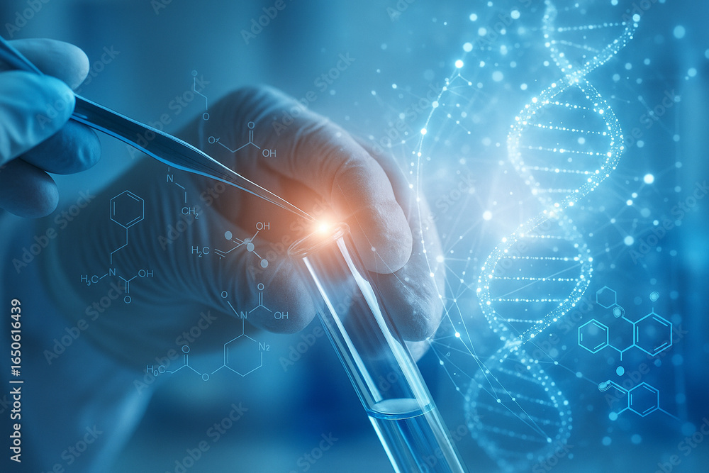 Aufkleber ai generated image of a gloved hand using lab tools with digital molecule graphics representing mode