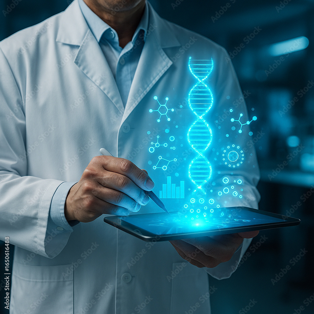 Aufkleber ai generated image of a scientist in lab coat using a tablet projecting a 3d dna helix and molecular