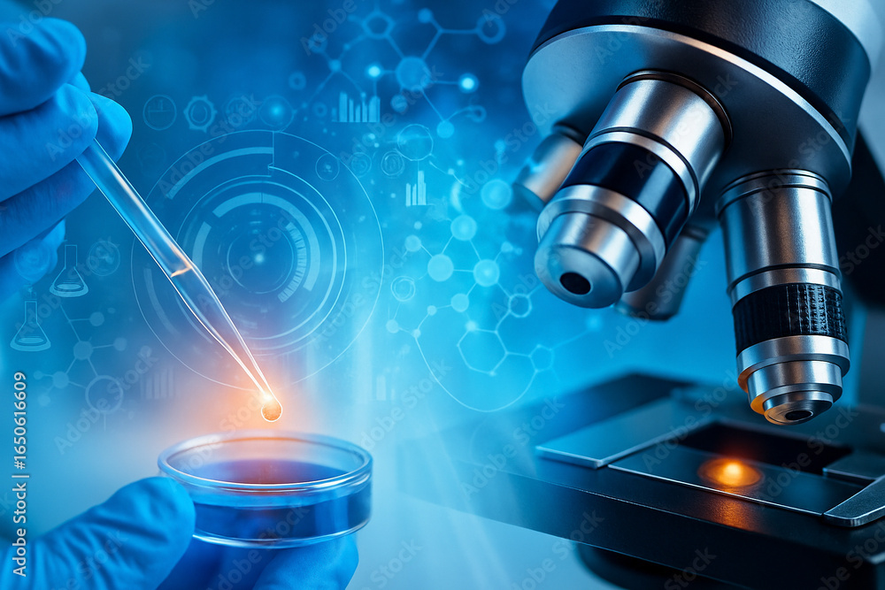 Poster ai generated close up of gloved hand using pipette with glowing droplet near microscope and digital 
