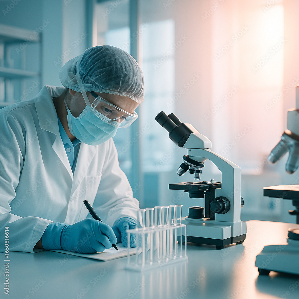 Poster ai generated image of a scientist in full ppe working in a laboratory with microscopes test tubes an