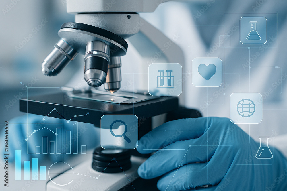 Aufkleber ai generated image of scientist using microscope with floating medical and scientific icons represen