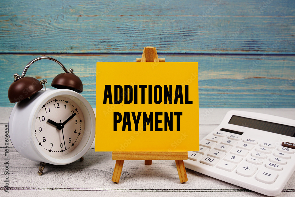 Aufkleber additional payment text written on paper card with calculator and alarm clock on wooden background