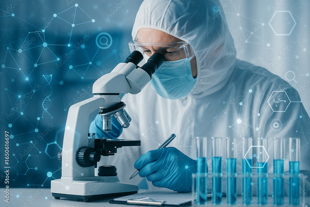 Aufkleber ai generated image of a scientist in protective suit analyzing samples with a microscope and test tu