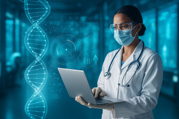 AI generated image of a female doctor in a modern biotech lab using a laptop with holographic DNA and scientific data overlay