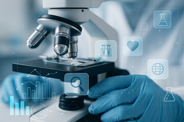 AI generated image of scientist using microscope with floating medical and scientific icons representing data analysis innovation and advanced laboratory research