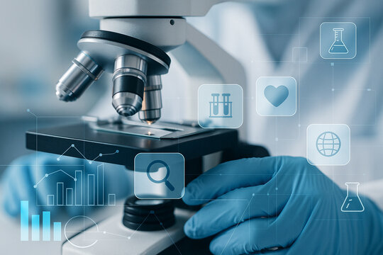 AI generated image of scientist using microscope with floating medical and scientific icons representing data analysis innovation and advanced laboratory research - Powered by Adobe