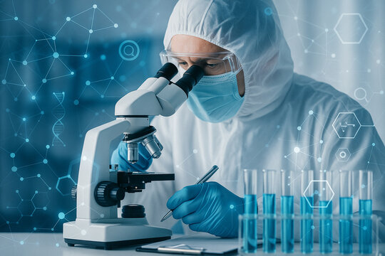 AI generated image of a scientist in protective suit analyzing samples with a microscope and test tubes enhanced by molecular graphics and digital data overlay in a clean modern lab setting