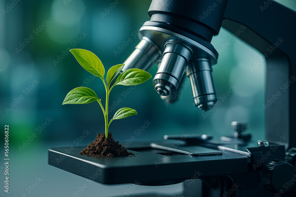 Poster ai generated close up of a green seedling with roots and soil under microscope in laboratory setting