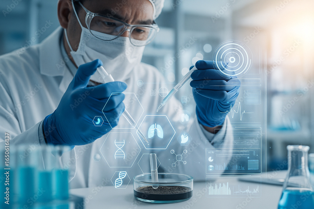 Aufkleber ai generated image of a scientist in protective gear using a pipette with digital medical graphics o